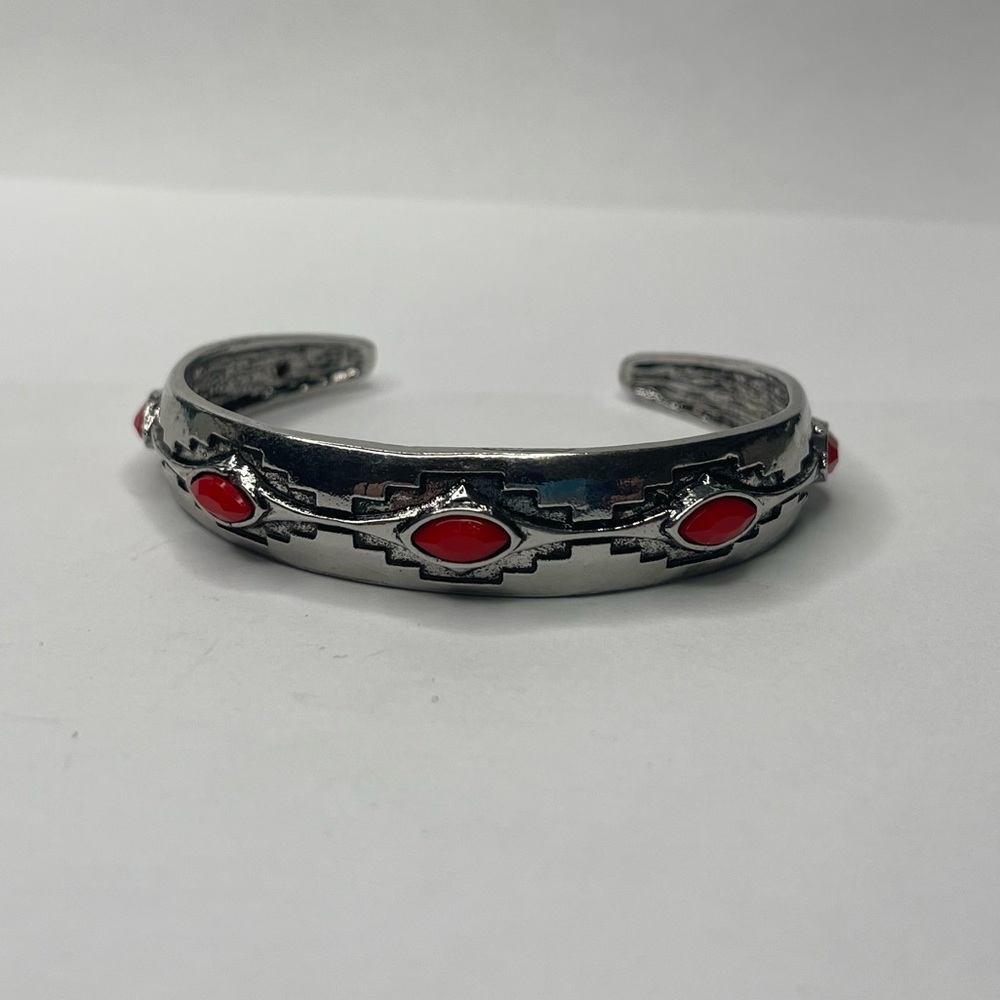 Southwestern Aztec Cuff Bracelet Faux Red Coral Stamped Metal Bohemian Unmarked